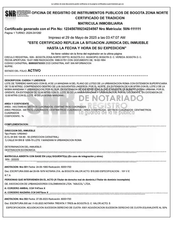 Certificado de Tradición y Libertad ejemplo digital expedido por la Superintendencia de Notariado y Registro de Colombia